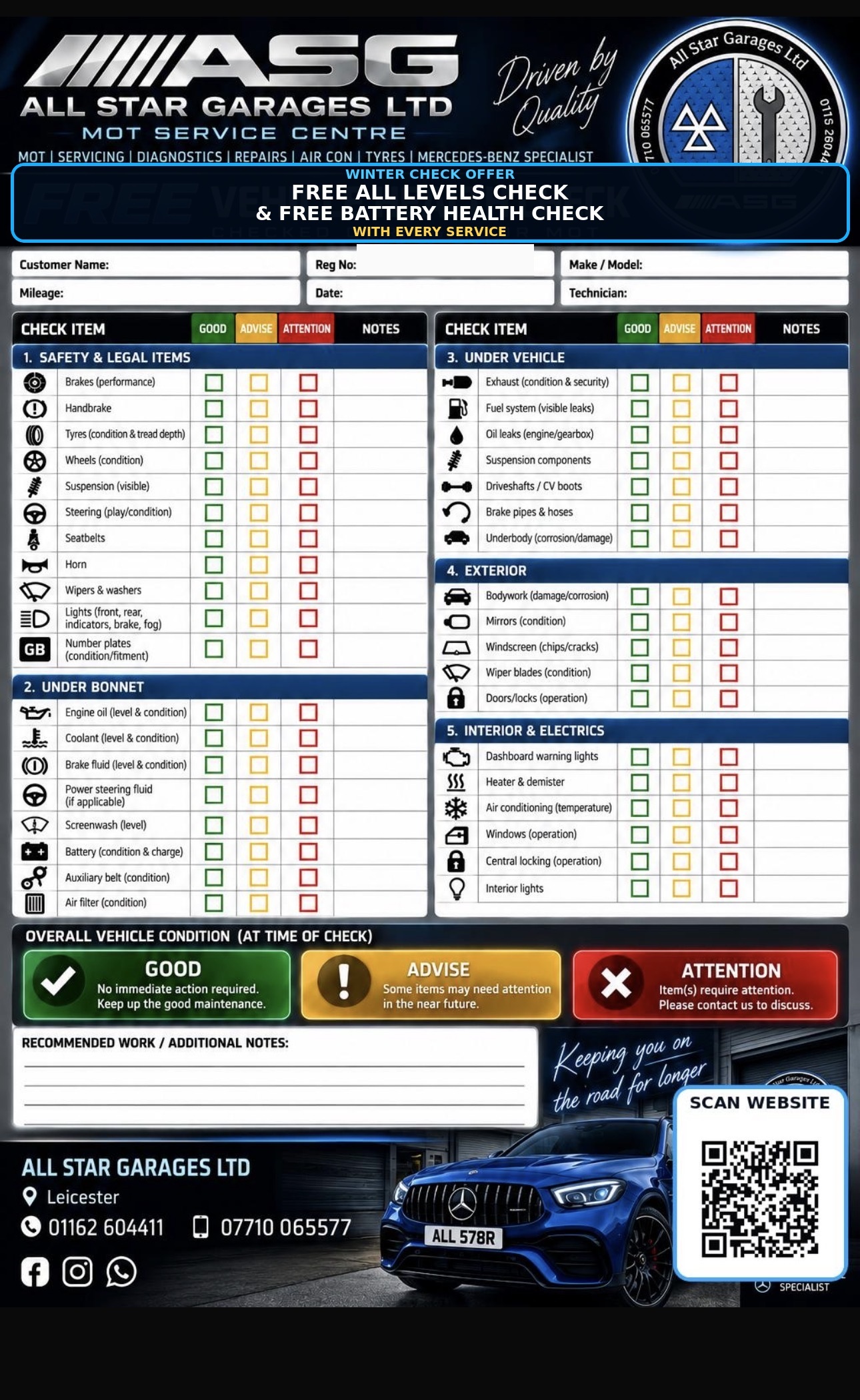 All Star Garages Winter Check offer: free levels check and free battery health check with every service